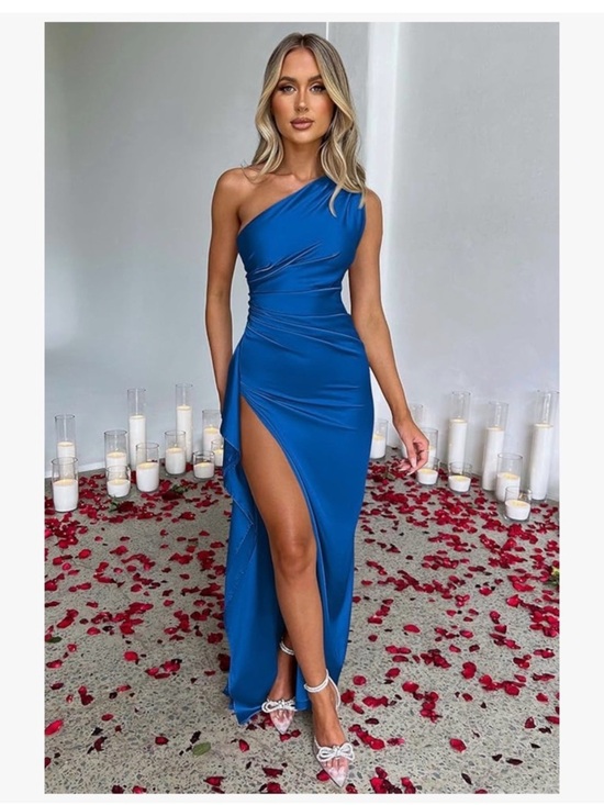 Dresses & Skirts - One-Shoulder Royal Blue Evening Gown with High Slit